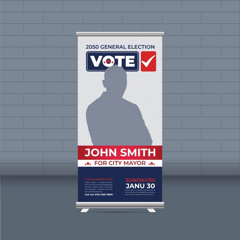 Election campaign roll-up banner template for district political election voting publicity banner design vector layout