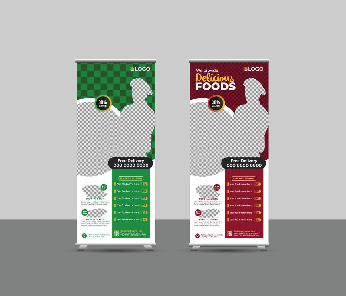 Food menu restaurant business rollup, standee banner template or creative food promotion rollup banner vector layout, two colors pull up the presentation, exhibition banner, vector rollup mockup