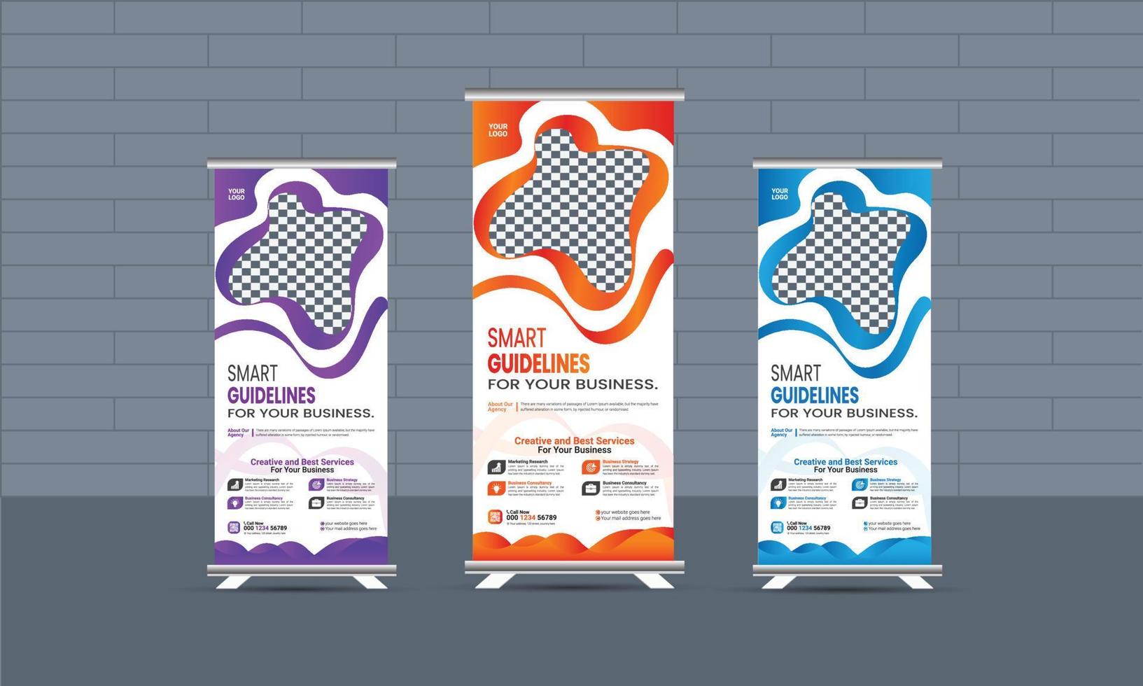 Business corporate roll-up banner template,  Professional roll-up stand banner template Set vector layout, x-stand, exhibition display, smart guideline concept, Standee Design, vector rollup mockup