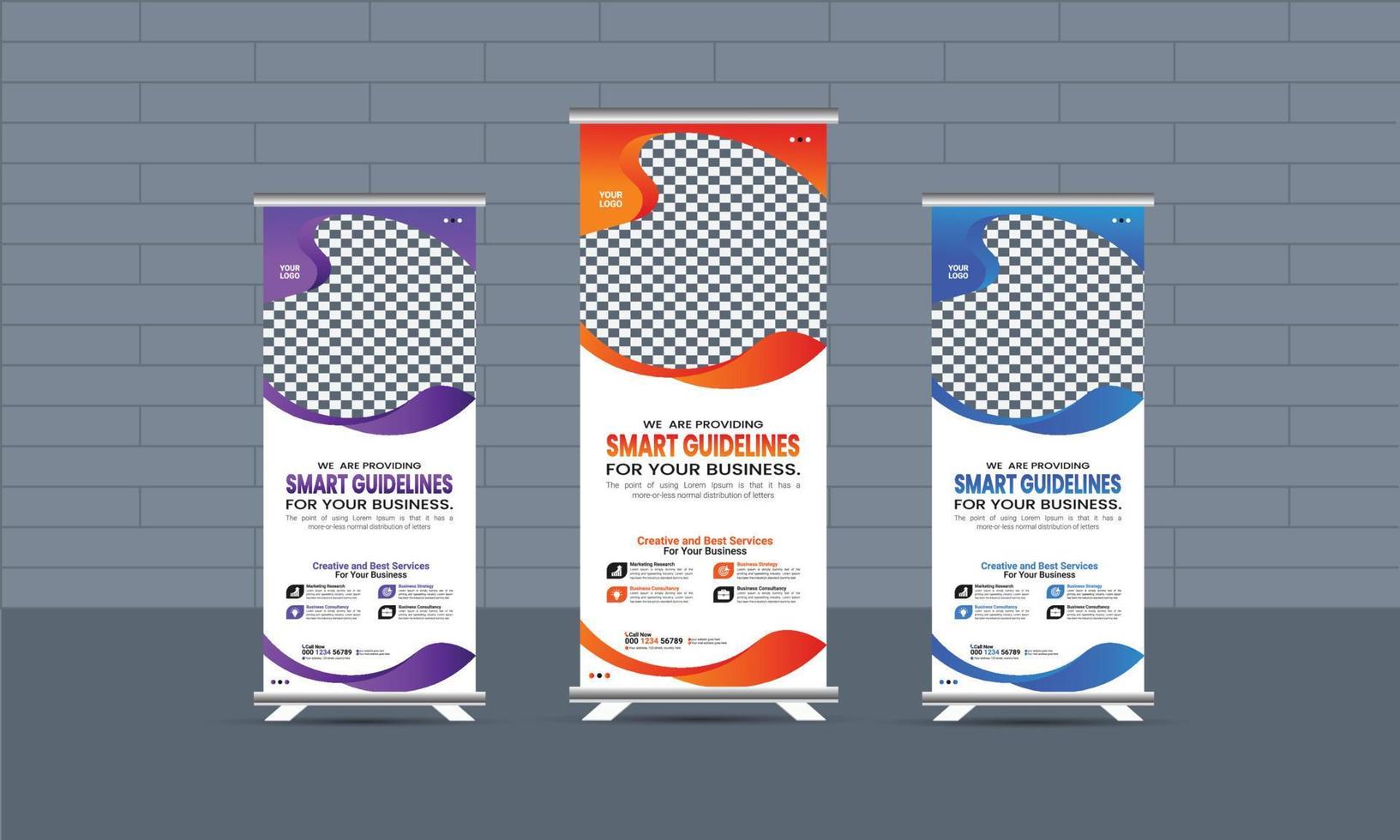 Business corporate roll-up banner template,  Professional roll-up stand banner template Set vector layout, x-stand, exhibition display, smart guideline concept, Standee Design, vector rollup mockup