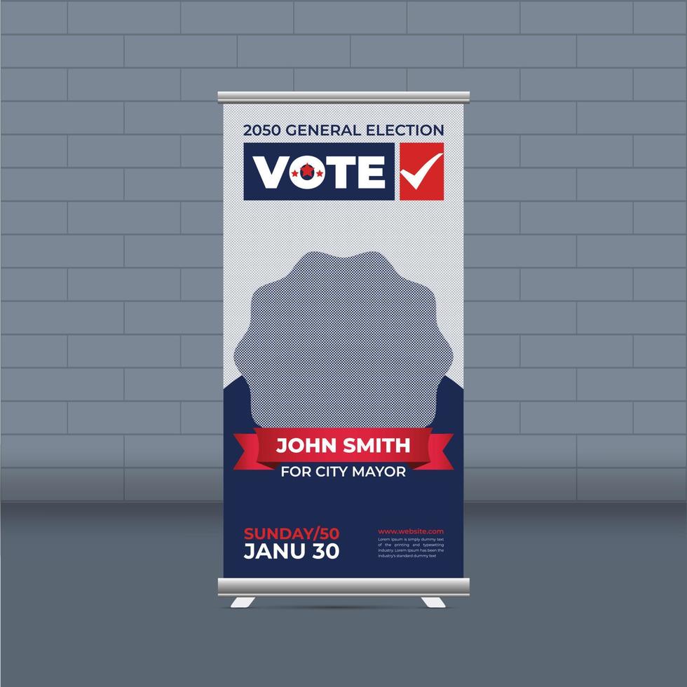 plantilla de banner enrollable de campaña electoral para diseño de vector de diseño de banner de publicidad de votación de elecciones políticas de distrito