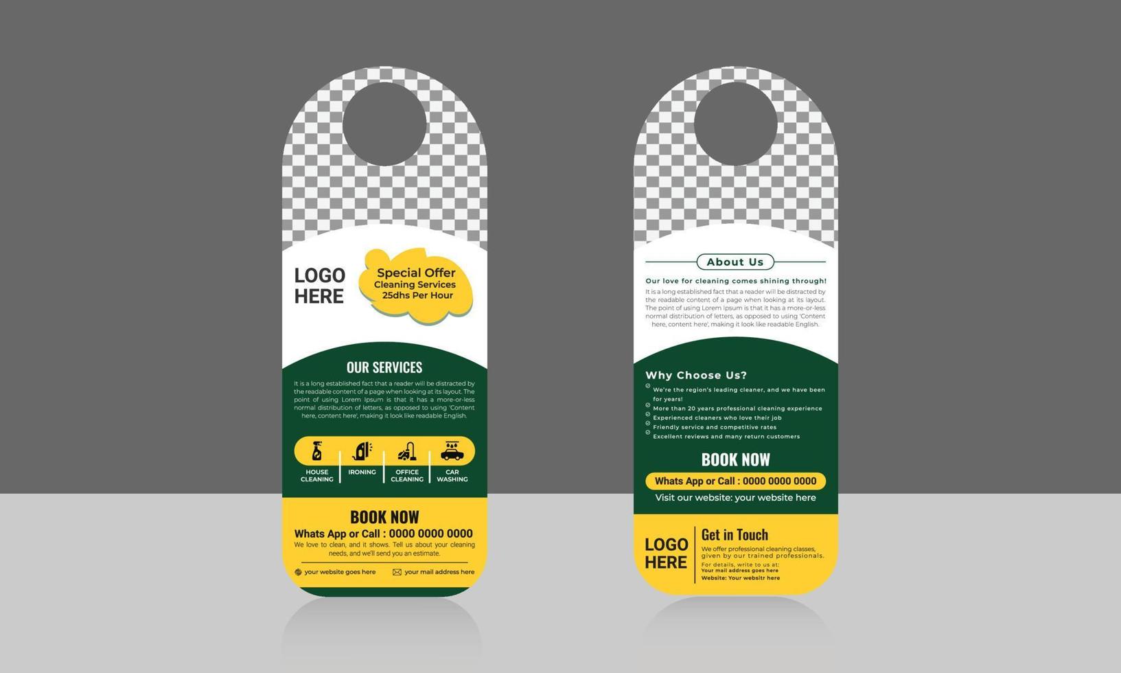 Cleaning service door hanger design template, hotel knob design. vector door hanger. roof cleaning, window cleaning, office cleaning, junk dust removal, door hanger, rack card layout vector