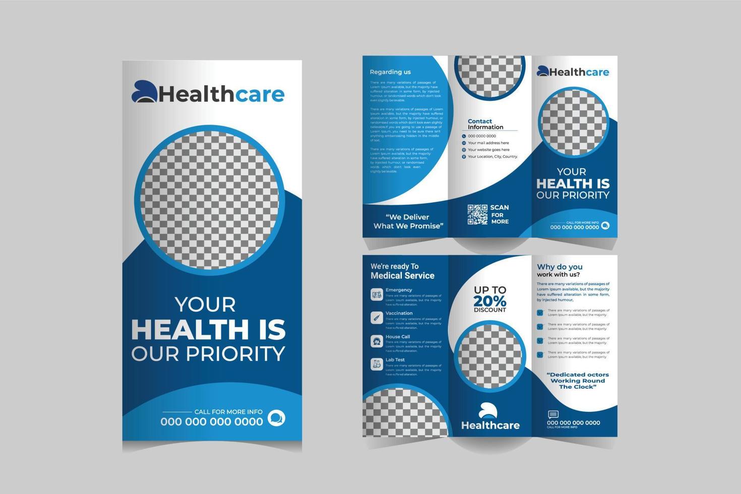 Creative trifold brochure template for your healthcare, medical, clinic, and diagnostic business. print-ready vector file or medical business promotion brochure template