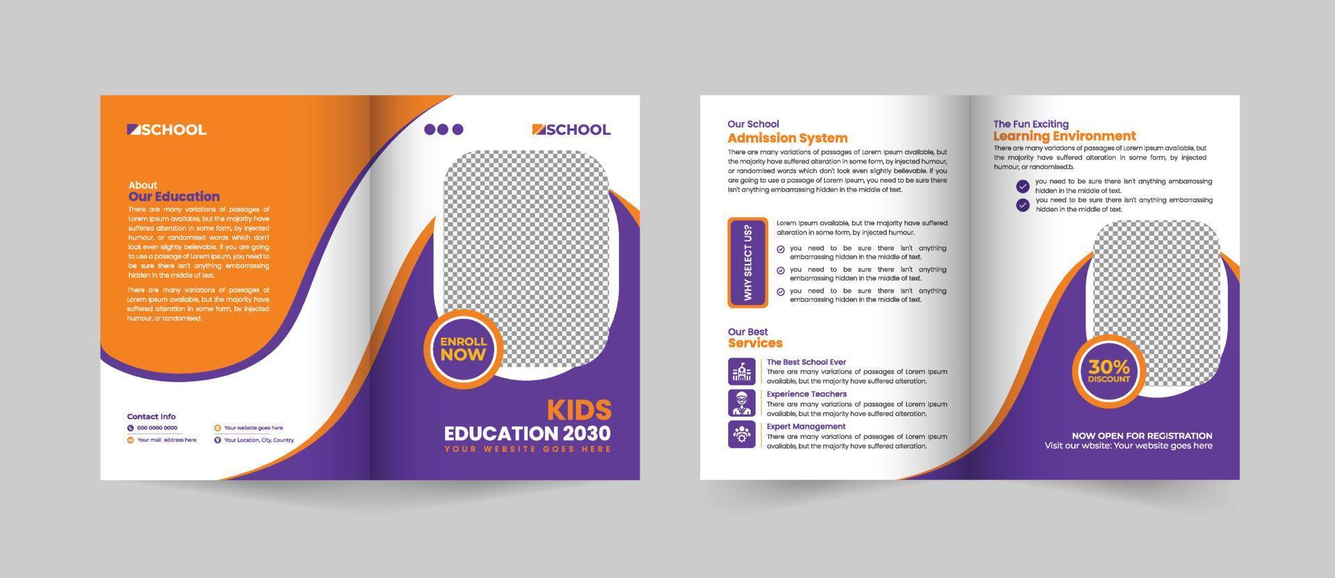 plantilla de folleto plegable de admisión escolar creativa y moderna, diseño de vector de volante de educación escolar de folleto bifold. maqueta bi-fold