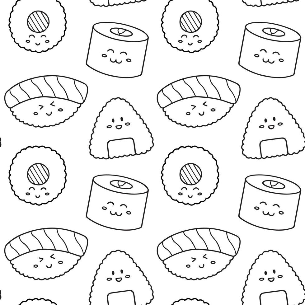 Seamless pattern of cute sushi and rolls doodle. Japanese food in sketch style. Hand drawn vector illustration
