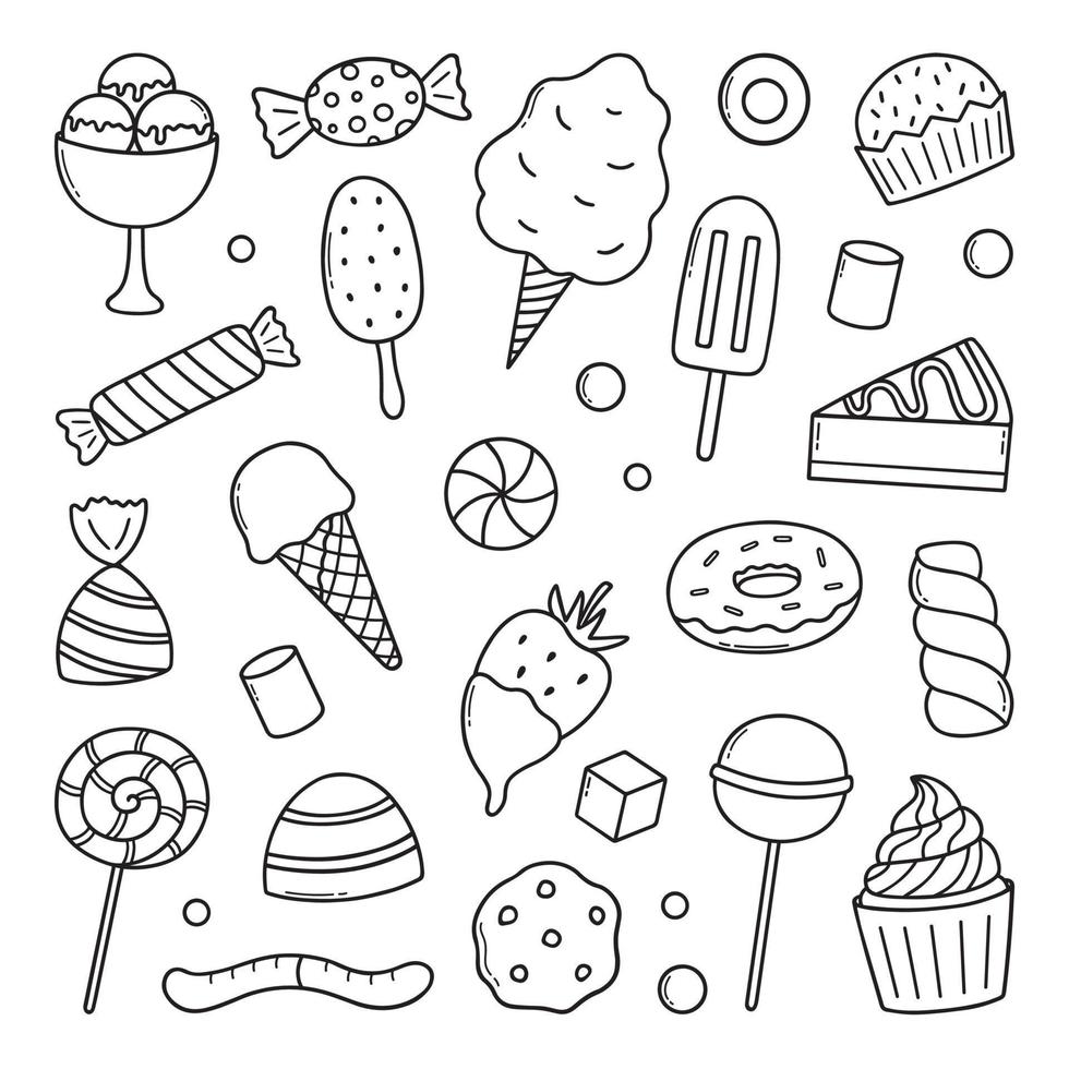 conjunto de garabatos de dulces y caramelos. postres en estilo boceto. ilustración vectorial dibujada a mano aislada sobre fondo blanco vector