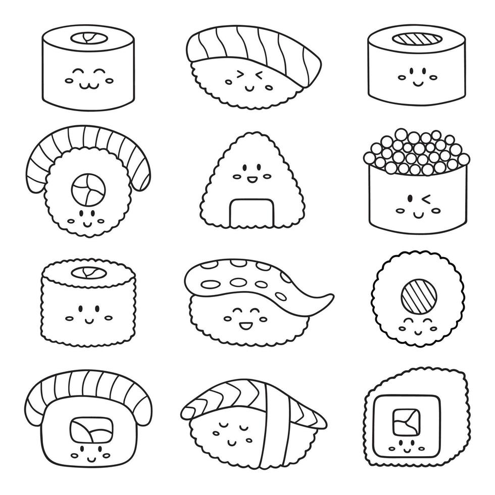 Cute sushi and rolls doodle set. Japanese food in sketch style. Hand drawn vector illustration isolated on white background