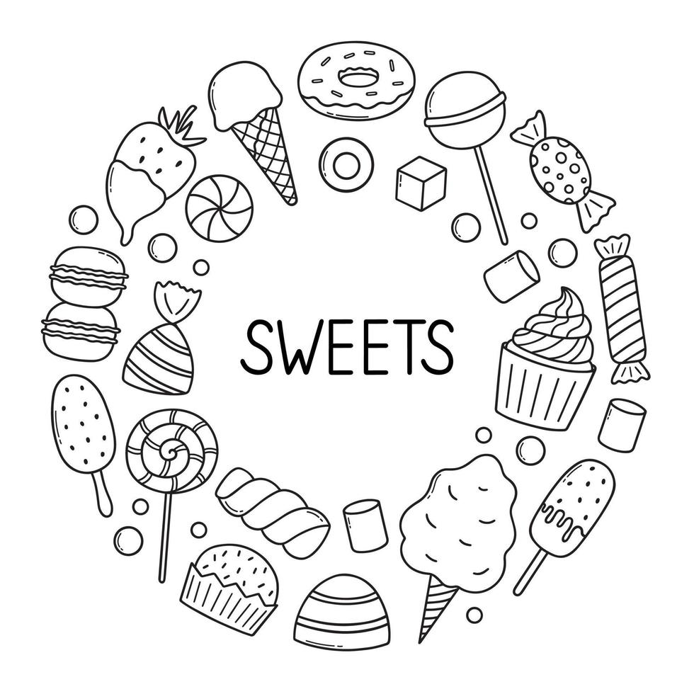 conjunto de garabatos de dulces y caramelos. postres en estilo boceto. ilustración vectorial dibujada a mano aislada sobre fondo blanco vector