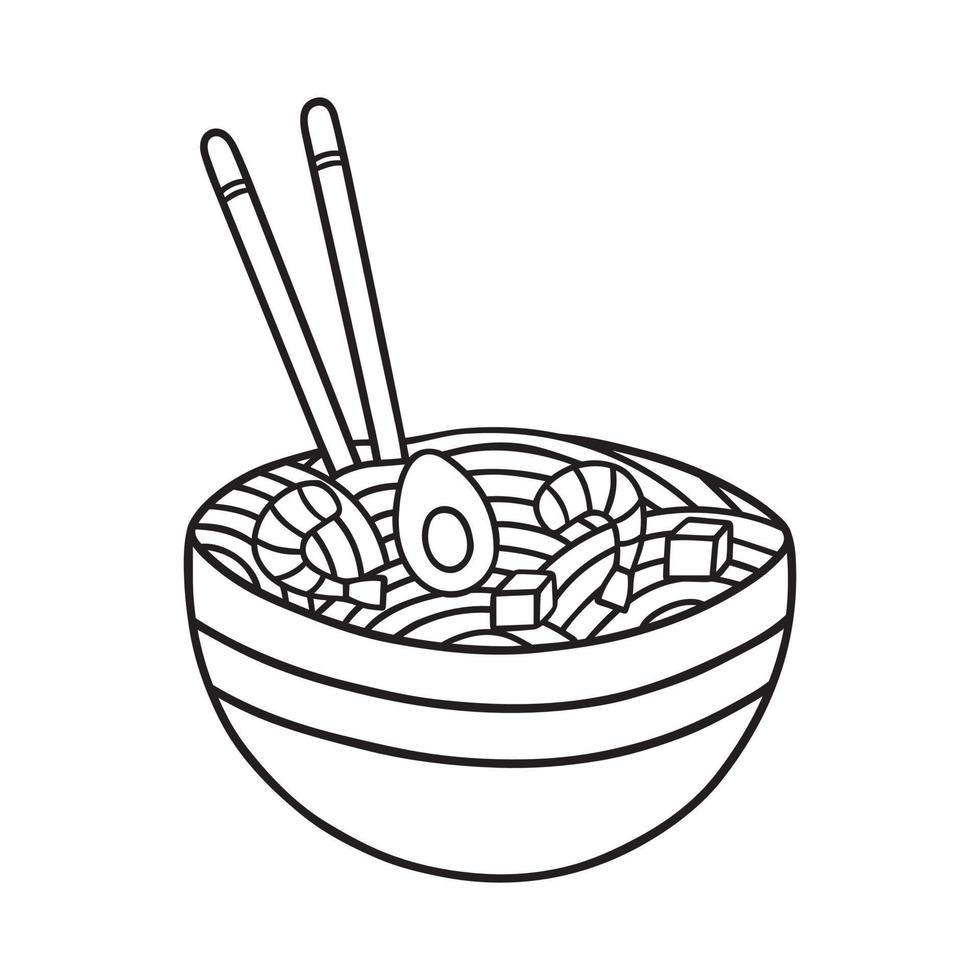 Ramen doodle. Asian traditional food in sketch style. Japanese cuisine. Hand drawn vector illustration isolated on white background