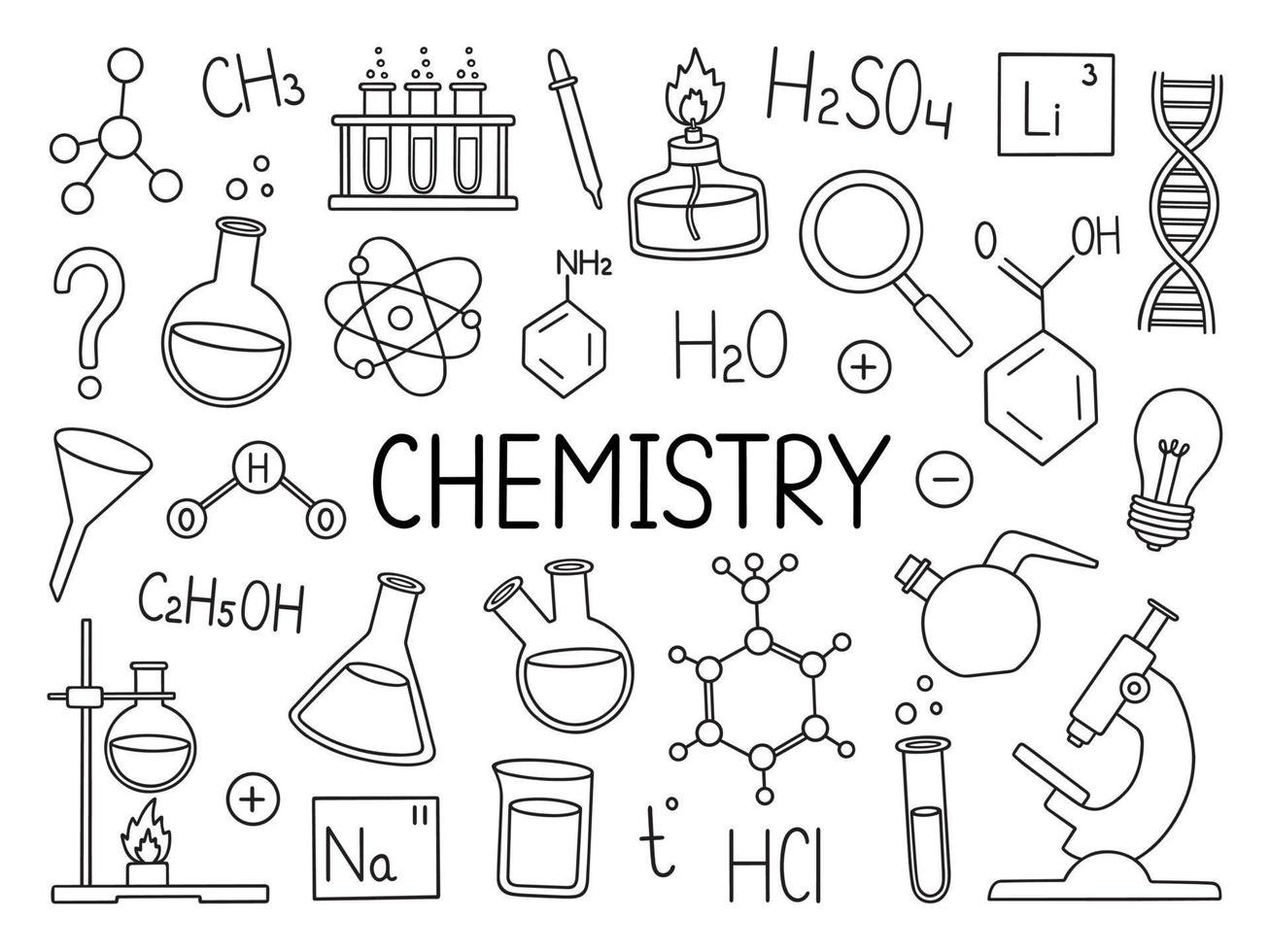 Chemistry doodle set. Chemical laboratory equipment in sketch style. Flasks, formulas, microscope, burner Hand drawn vector illustration isolated on white background