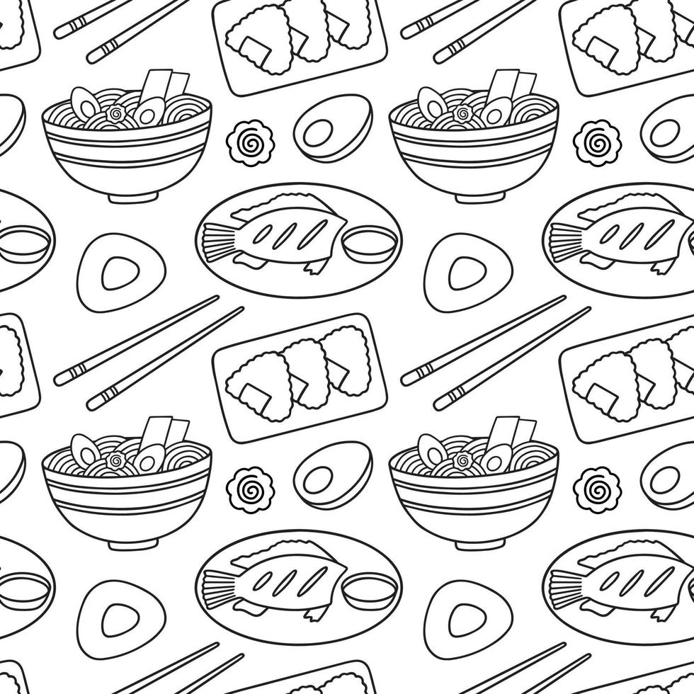 Seamless pattern of Asian food doodle set. Asian cuisine in sketch style. Hand drawn vector illustration