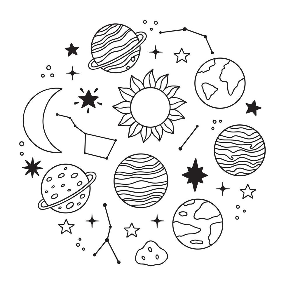 conjunto de garabatos espaciales. planetas, estrellas, constelaciones, luna en estilo boceto. sistema solar. ilustración vectorial dibujada a mano aislada sobre fondo blanco vector