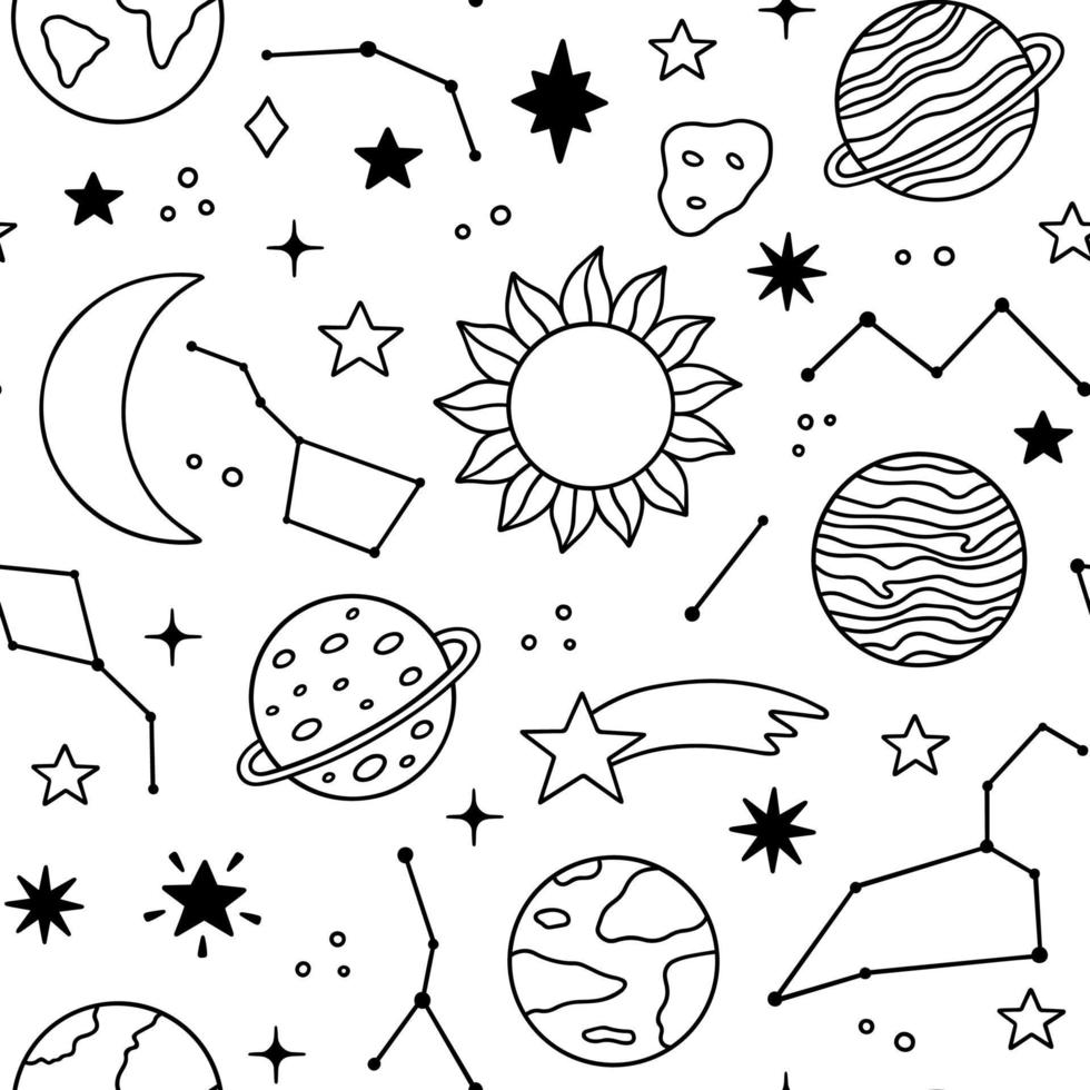 patrón sin costuras de garabato espacial. planetas, estrellas, constelaciones, luna en estilo boceto. sistema solar. ilustración vectorial dibujada a mano vector