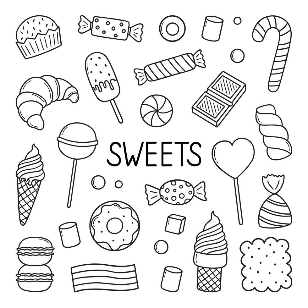 Sweets and candies doodle set. Desserts in sketch style.  Hand drawn vector illustration isolated on white background