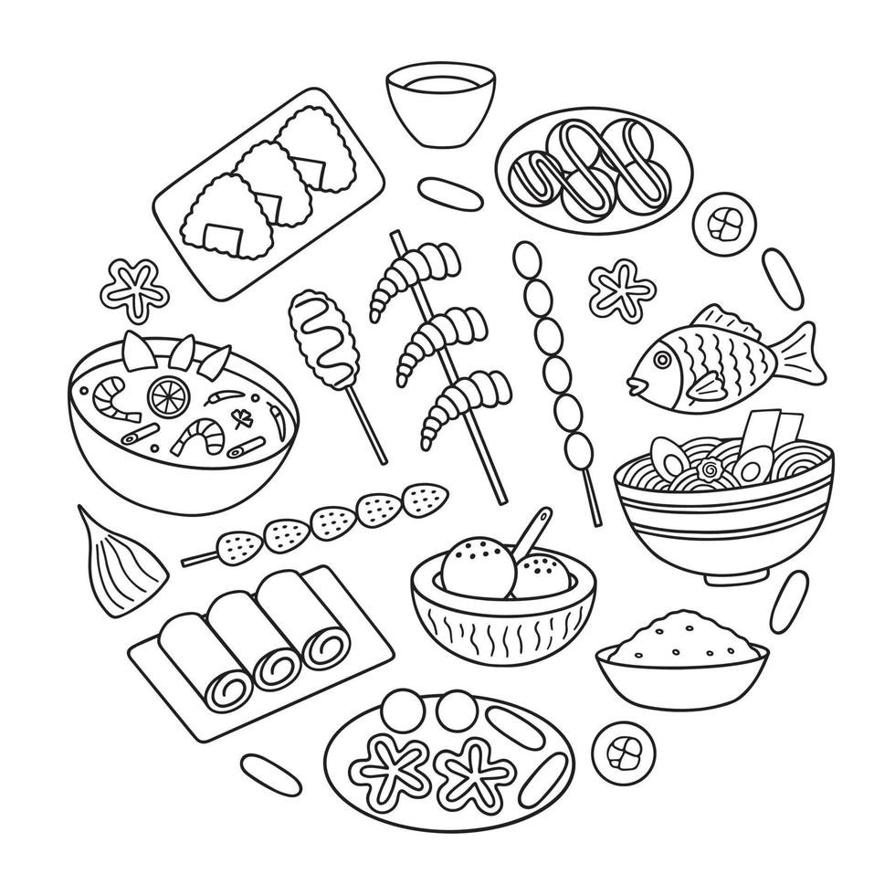 Asian food doodle set. Asian cuisine in sketch style. Hand drawn vector illustration isolated on white background