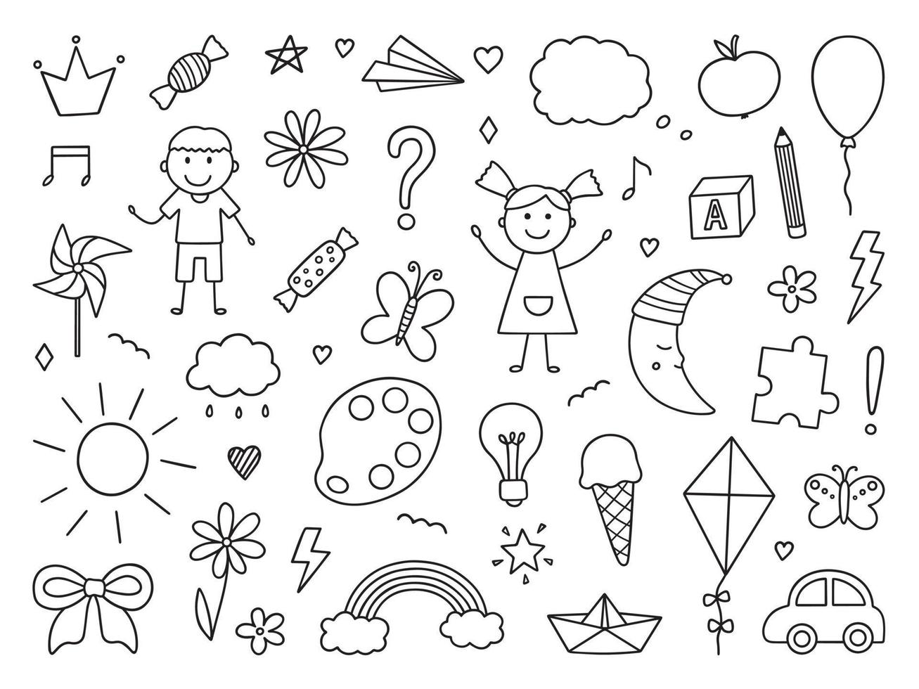 conjunto de garabatos de niños lindos. dibujos de niños ilustración vectorial dibujada a mano aislada sobre fondo blanco vector