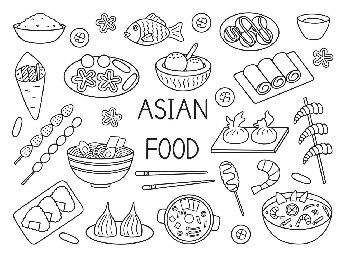 Asian food doodle set. Asian cuisine in sketch style. Hand drawn vector illustration isolated on white background