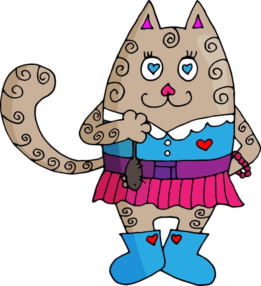 vector illustration of a gray cat in love in clothes holding a mouse in its paw