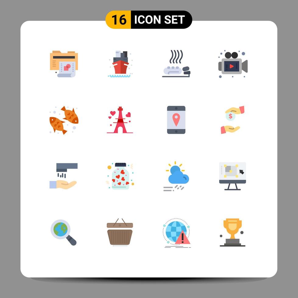 Pictogram Set of 16 Simple Flat Colors of fish food video care media spa Editable Pack of Creative Vector Design Elements