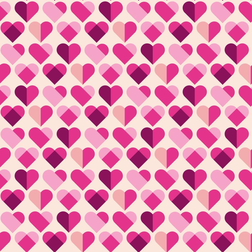 St Valentines Day. Geometric seamless pattern with pink and purple hearts on a beige background. Template for cards, wallpaper, textile, scrapbooking and wrapping paper. Love, romantic concept. vector