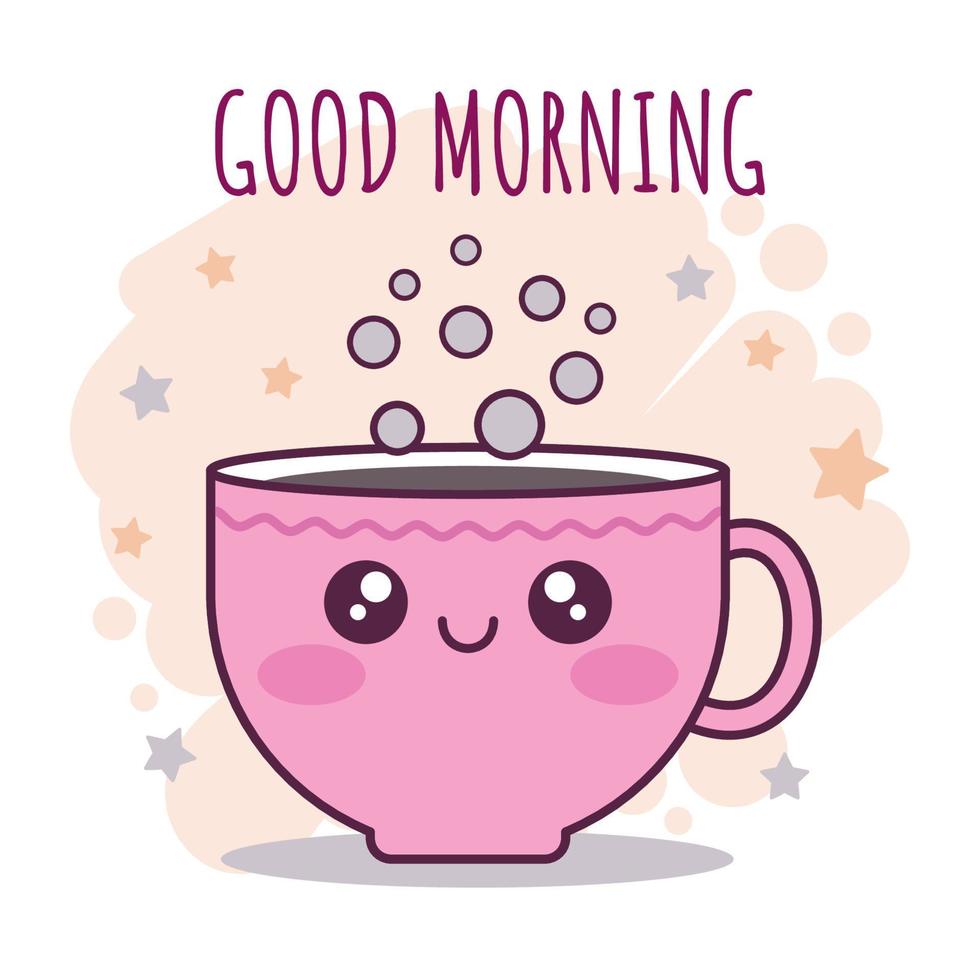 lindo personaje de taza de café kawaii de dibujos animados con estrellas sobre un fondo beige. tarjeta de felicitación de buenos días. ilustración de vector de garabato dibujado a mano.