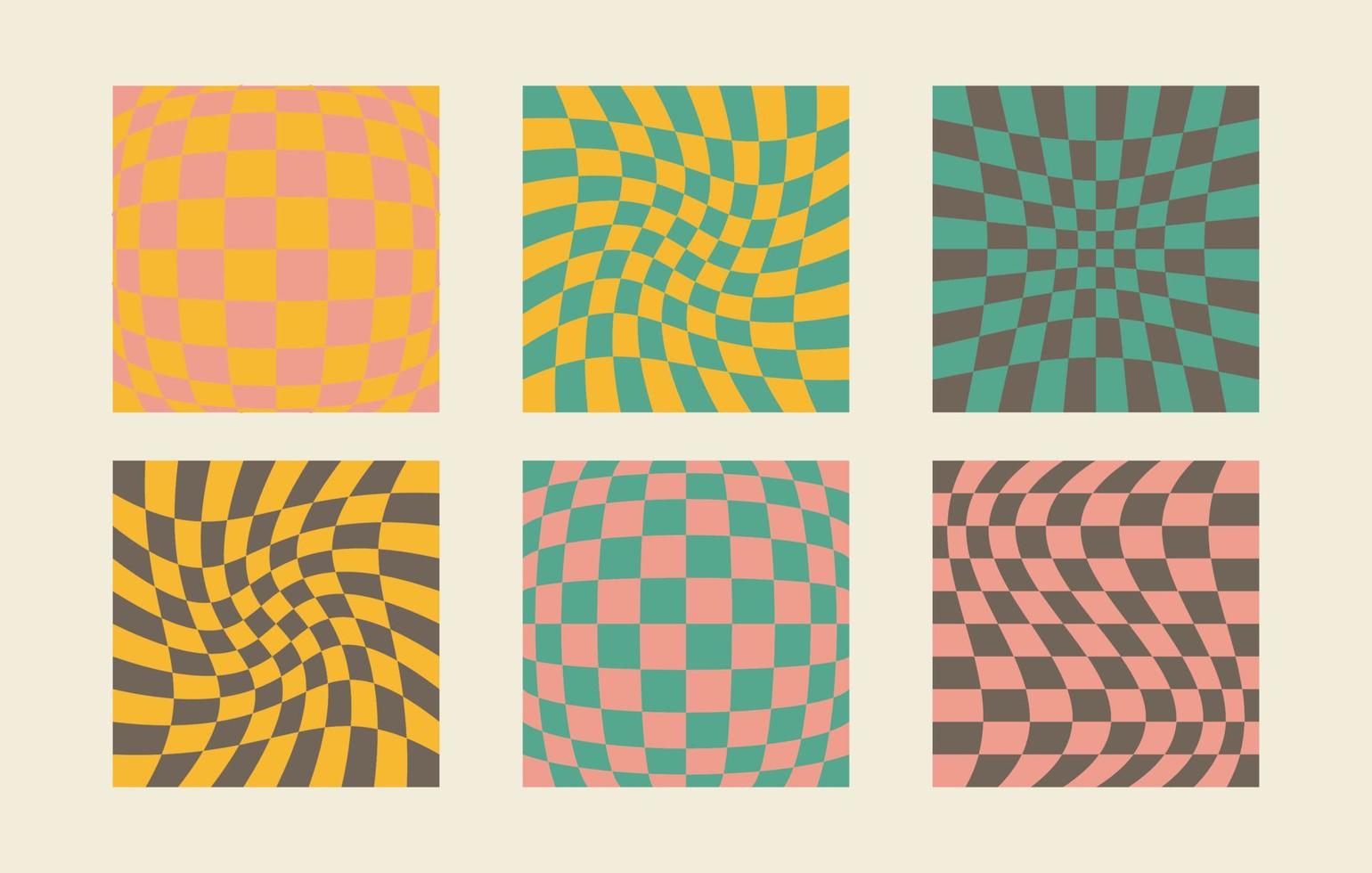 Groovy retro checkerboard background set. 60s 70s wavy abstract psychedelic design. Gingham vector wallpaper collection for print.