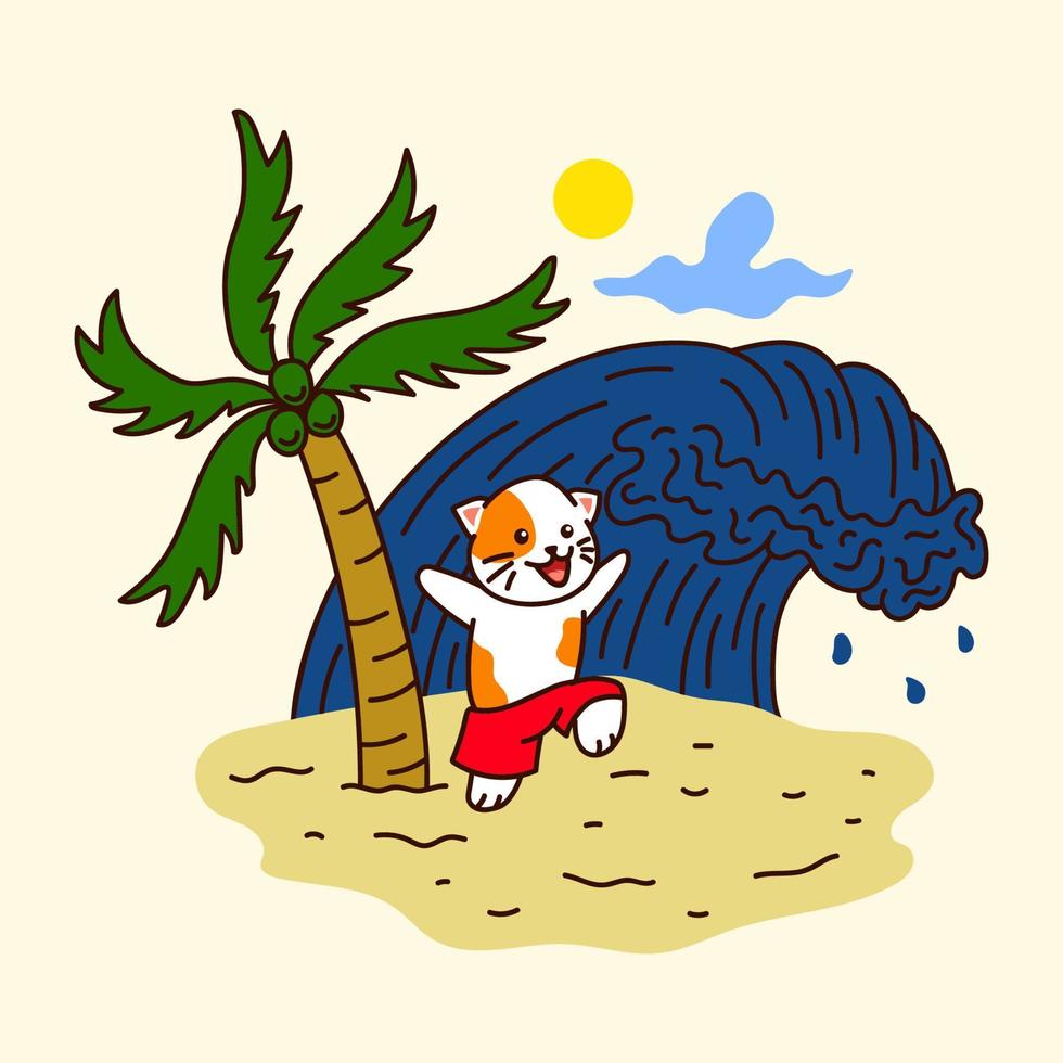 Cute Cat Happy to Play on the Beach Vector Illustration Design