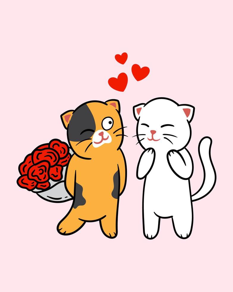 lindo gato dando la flor especial de san valentín, diseño de ilustraciones vectoriales vector
