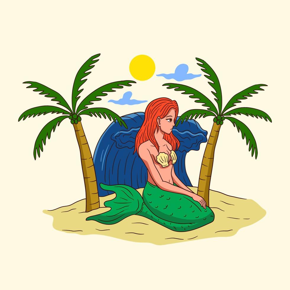 sirena hermosa está pensando en el diseño de ilustración de vector de playa-01