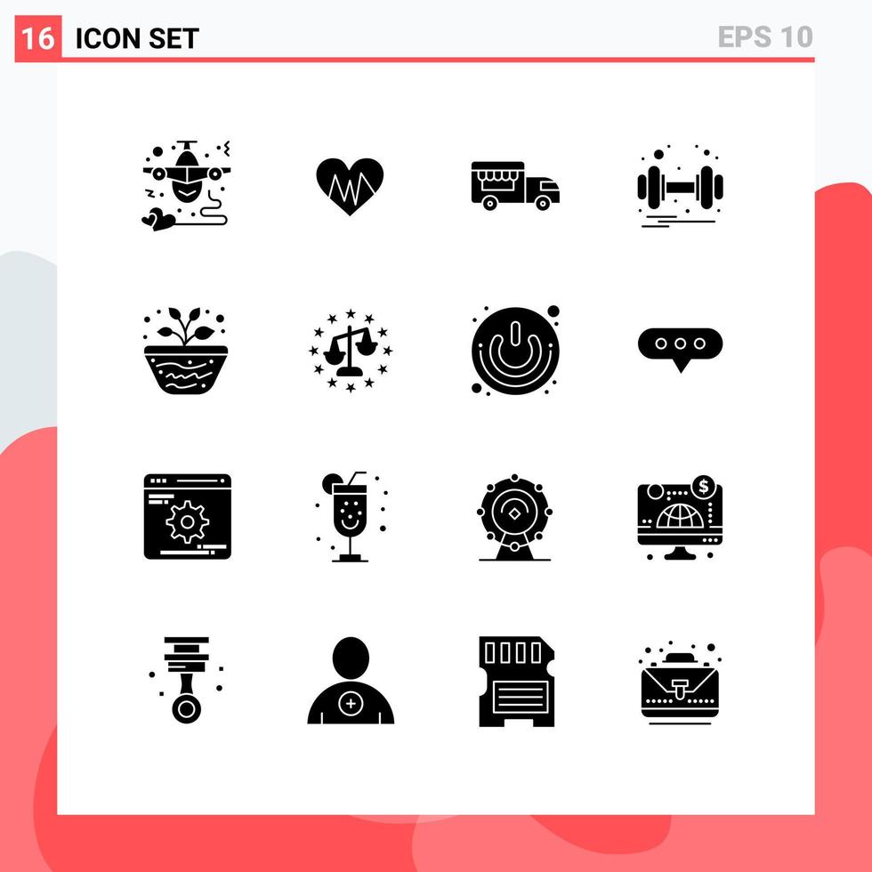 Mobile Interface Solid Glyph Set of 16 Pictograms of geography health pulse weight dumbbell Editable Vector Design Elements
