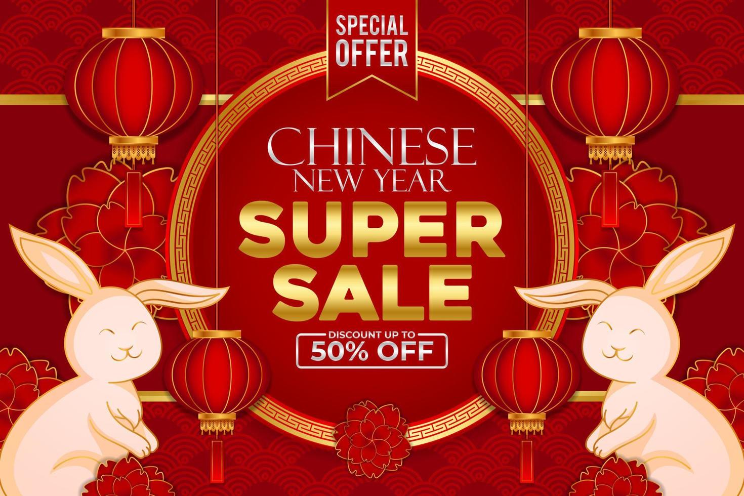 Sale Happy Chinese new year 2023, year of the rabbit, Lunar new year concept with lantern or lamp, ornament, and red gold background for sale, banner, posters, design templates, feed social media vector