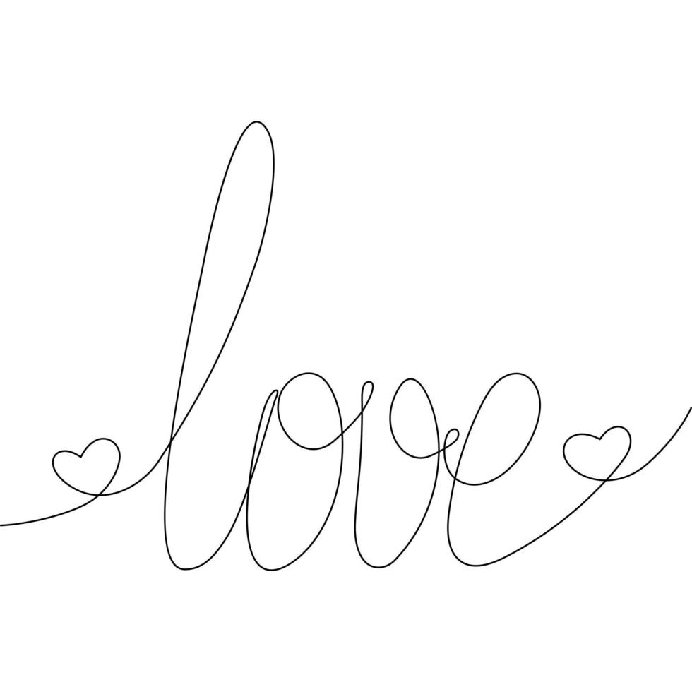 Continuous line drawing Hand drawn lettering love with hearts. Design for greeting Valentines cards vector