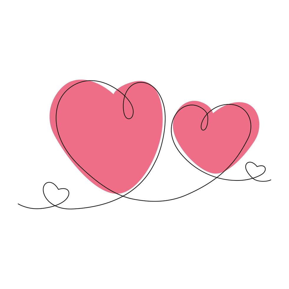 Continuous line Hand drawn hearts on background two hearts in trendy shades. Happy Valentines day. vector
