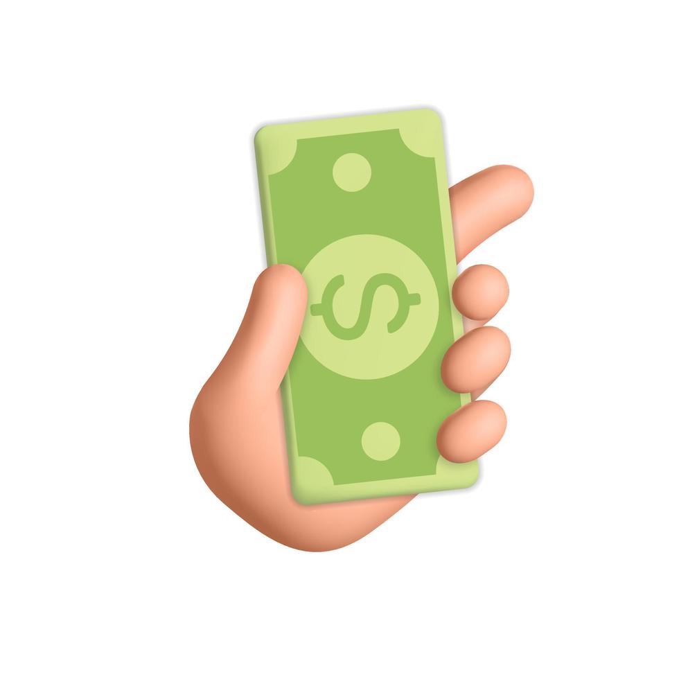 3d vector cartoon render hand holds money dollar currency bill web banner design