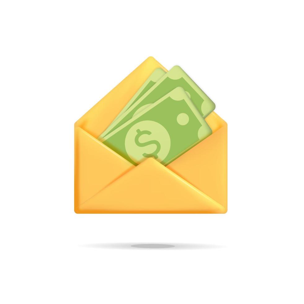 3d vector opened yellow envelope with green dollar money paper currency icon design