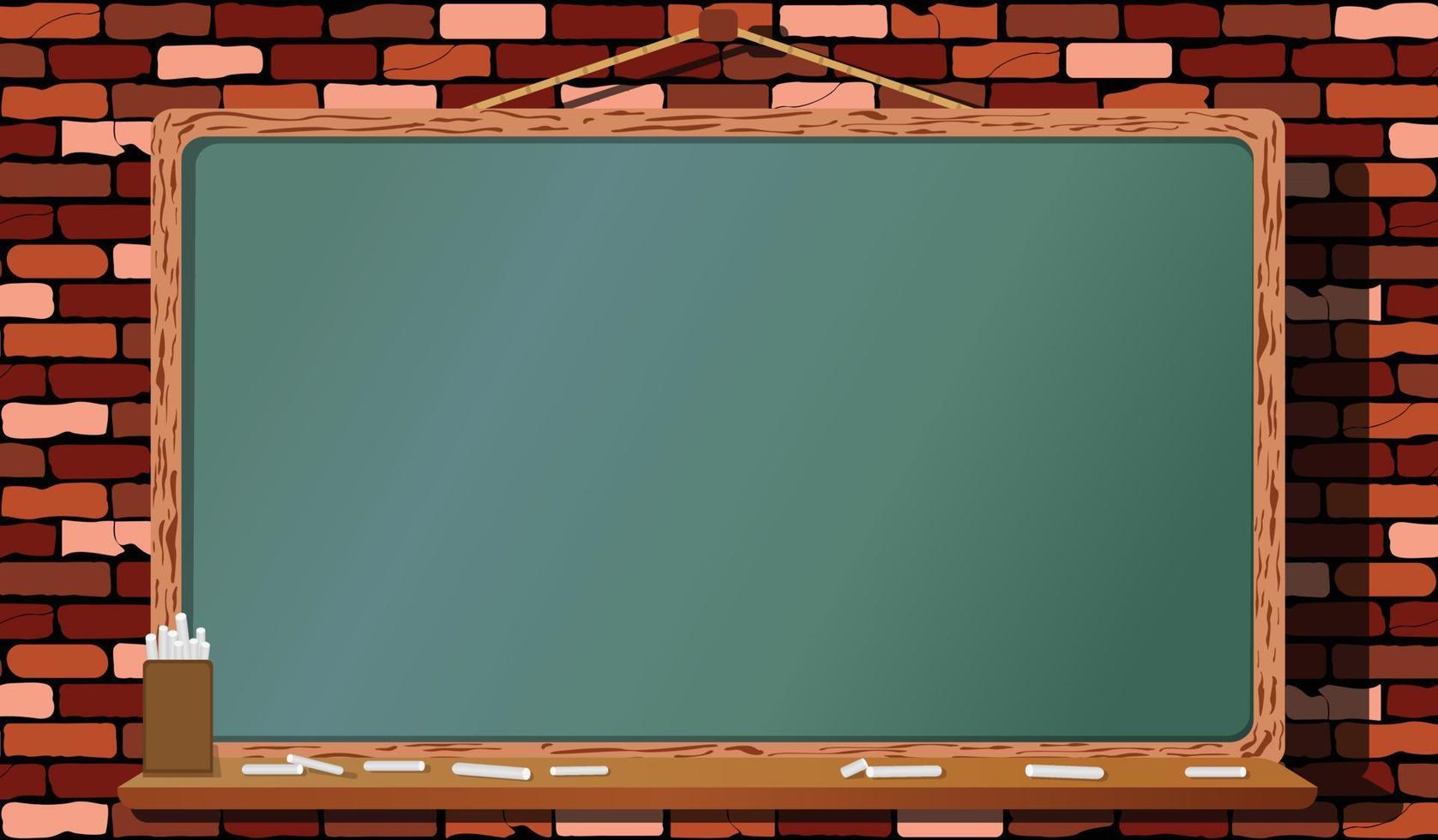 Hanging blackboard and chalk box vector on colorful brick wall background. chalkboard for copy space. blank blackboard illustration vector