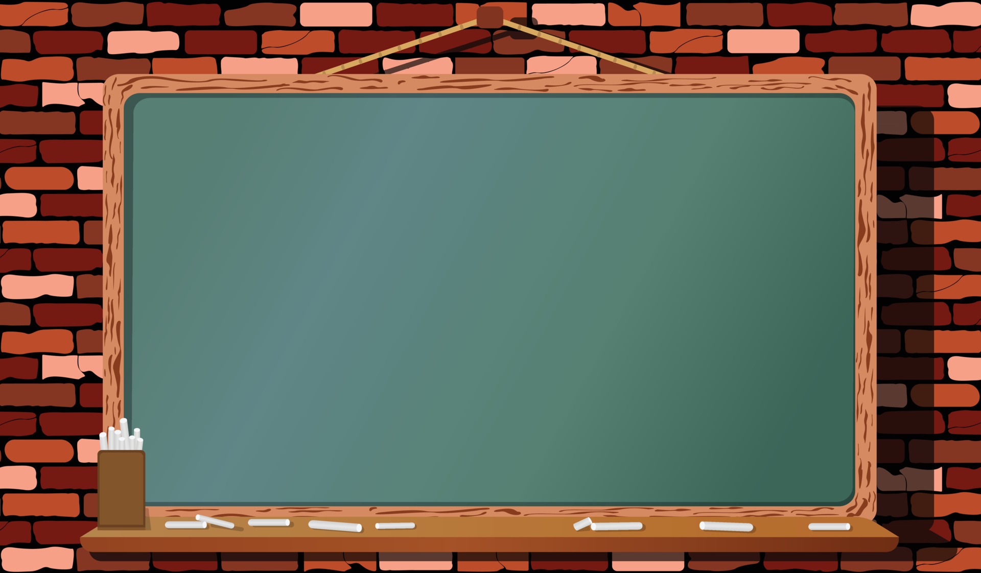 Hanging blackboard and chalk box vector on colorful brick wall