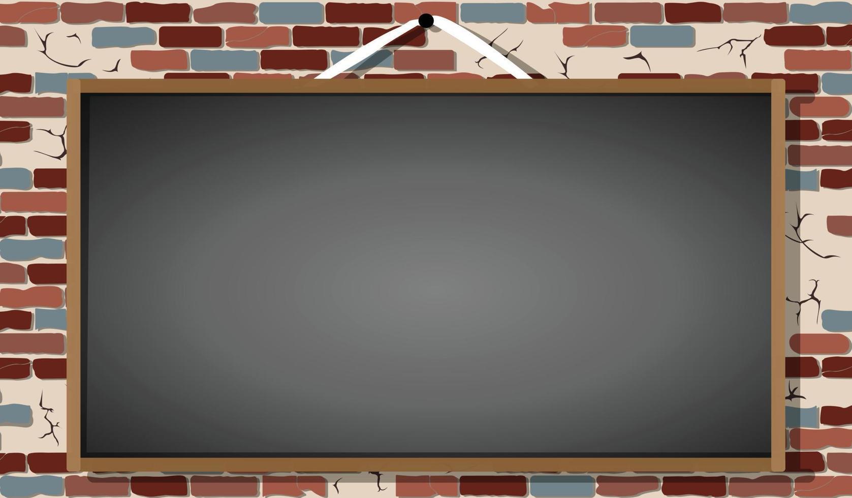 Hanging blackboard vector on cracked brick wall background. chalkboard for copy space. blank blackboard illustration vector