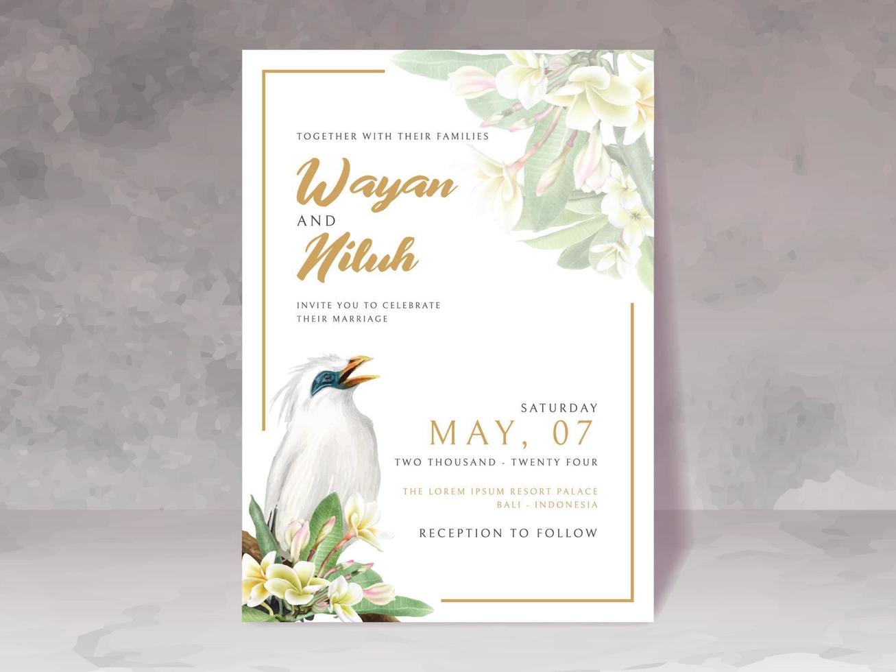 invitación de boda con hermosa acuarela de plumeria vector