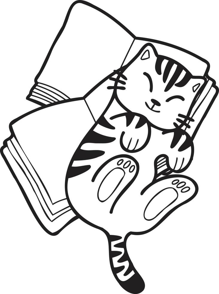 Hand Drawn striped cat lying on stack of books illustration in doodle style vector