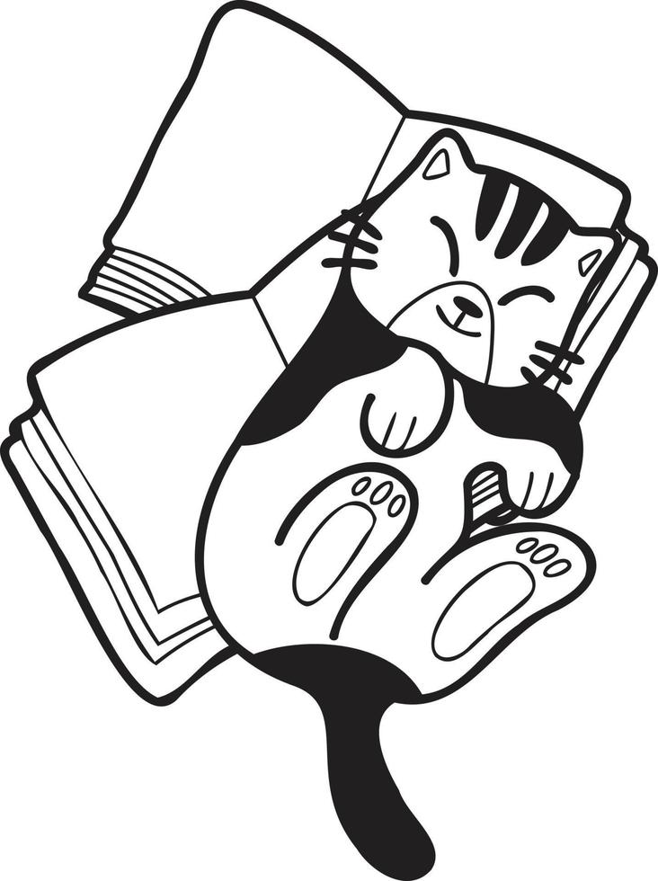 Hand Drawn striped cat lying on stack of books illustration in doodle style vector