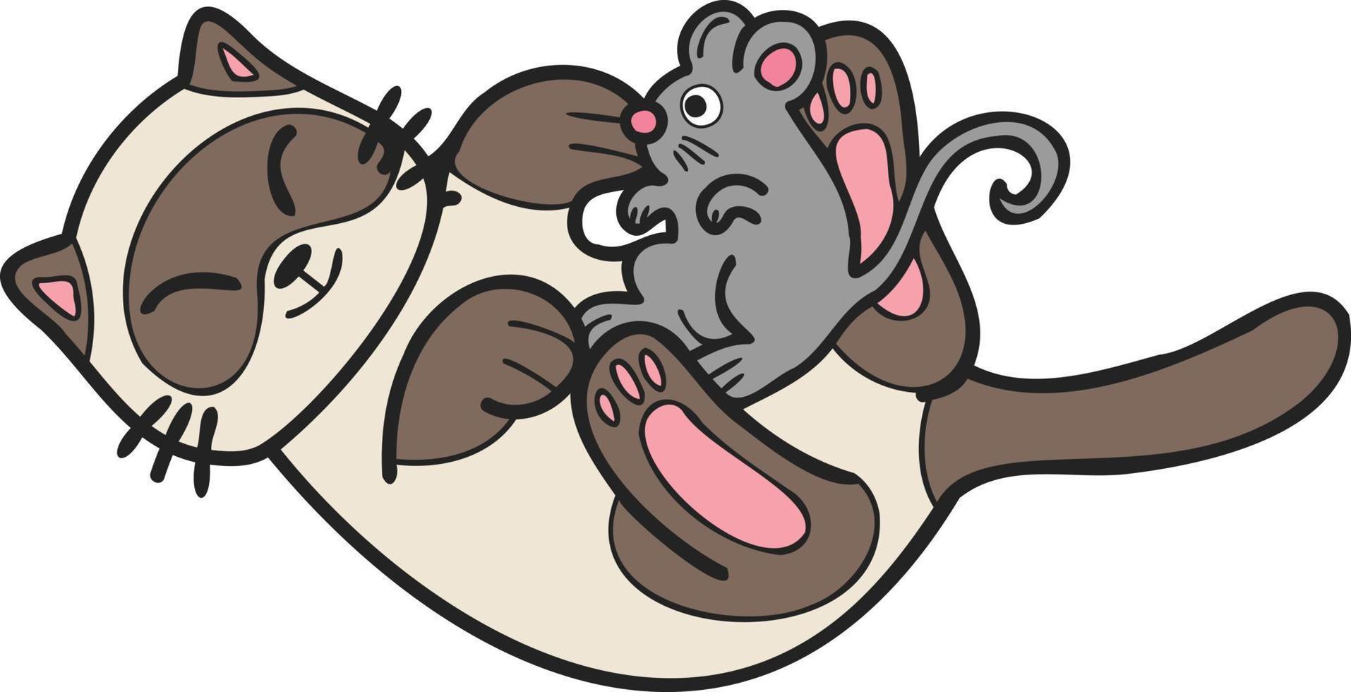 Hand Drawn cat and mouse illustration in doodle style vector