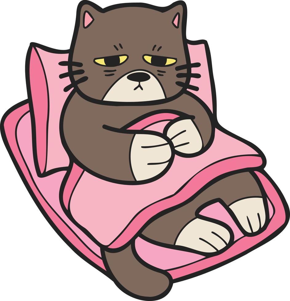 Hand Drawn sick cat sleeping on pillow illustration in doodle style vector