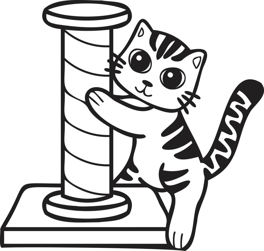 Hand Drawn striped cat with cat climbing pole illustration in doodle style vector