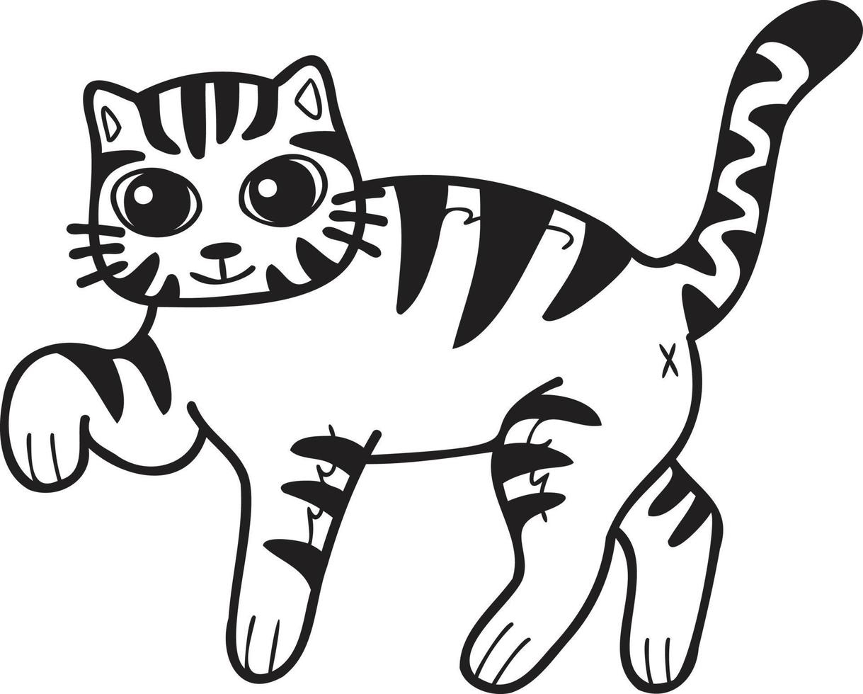Hand Drawn walking striped cat illustration in doodle style vector