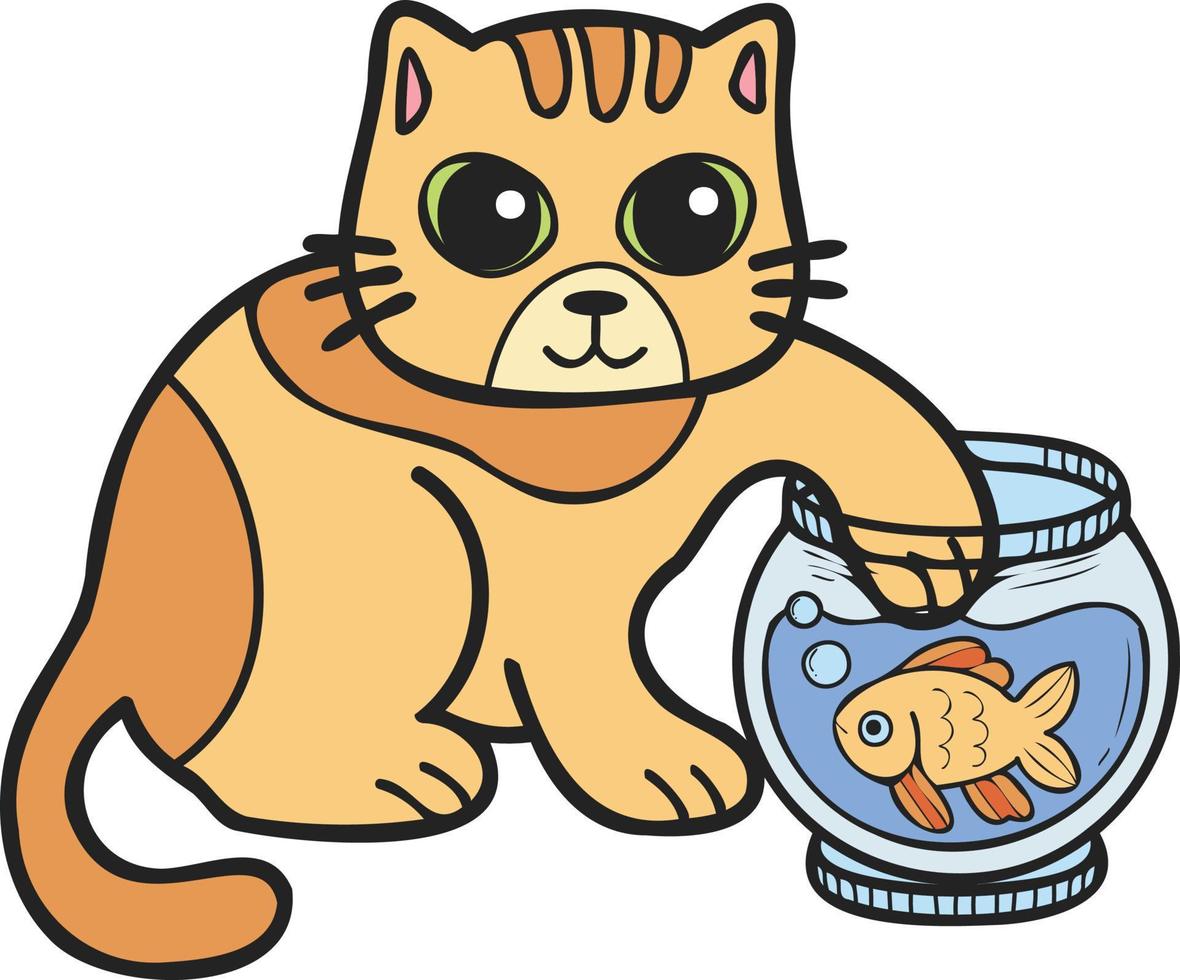Hand Drawn striped cat playing with fish illustration in doodle style vector