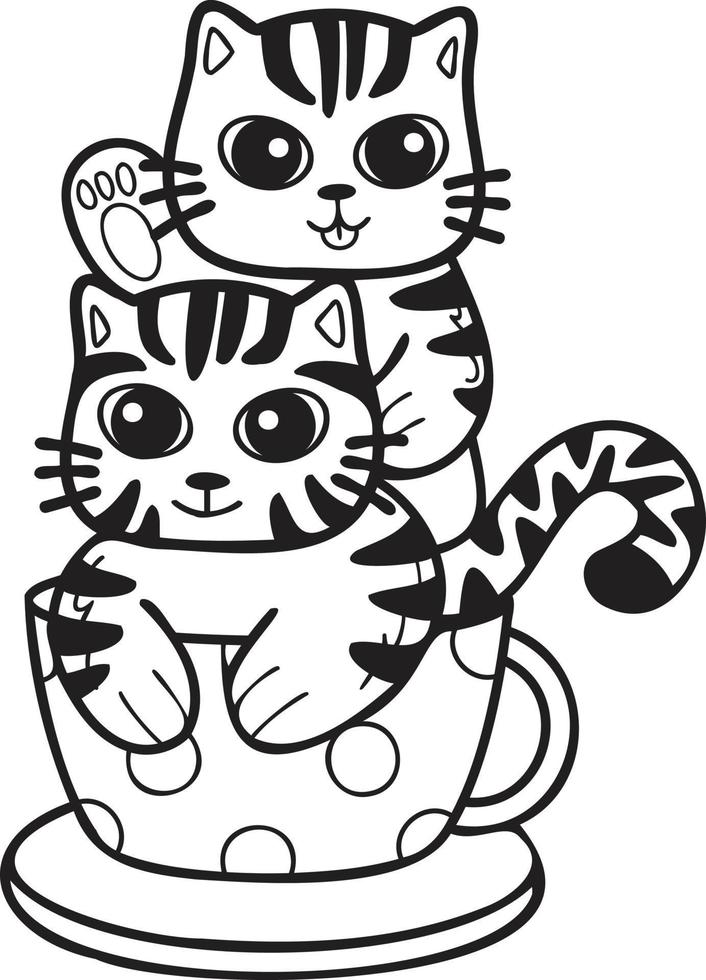 gato o gatito rayado dibujado a mano con ilustración de taza de café en estilo garabato vector