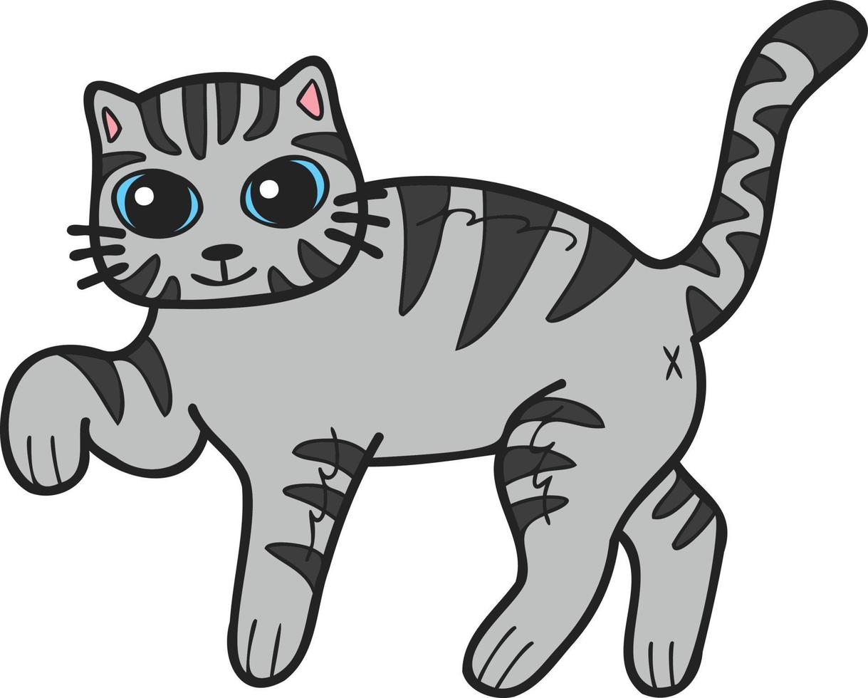 Hand Drawn walking striped cat illustration in doodle style vector