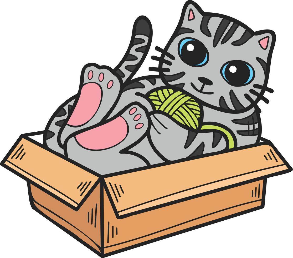 Hand Drawn striped cat playing with yarn in a box illustration in doodle style vector
