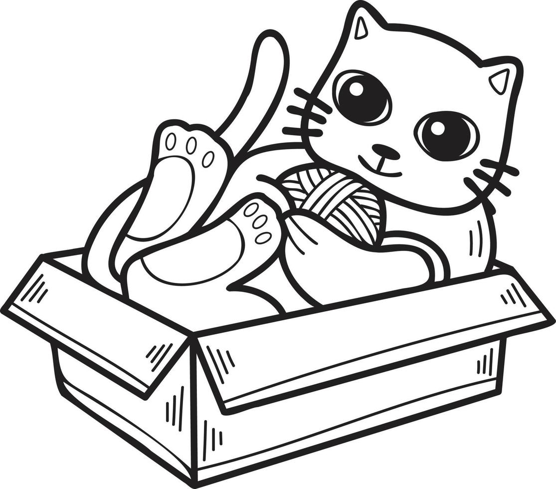 Hand Drawn cat playing with yarn in a box illustration in doodle style vector
